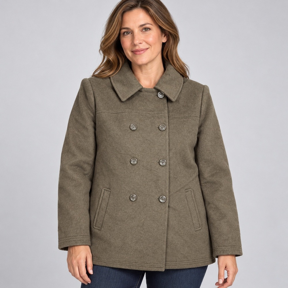 J. Jill Womens Wool Blend Double Breasted Pea Coat Jacket Brown Olive